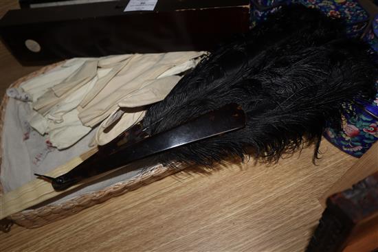 A boxed ivory fan, three other fans and a quantity of ladys gloves